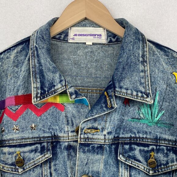 JD DESIGNWORKS Jacket Mens L Painted Applique Denim Trucker Button Up Blue VTG - Picture 3 of 16